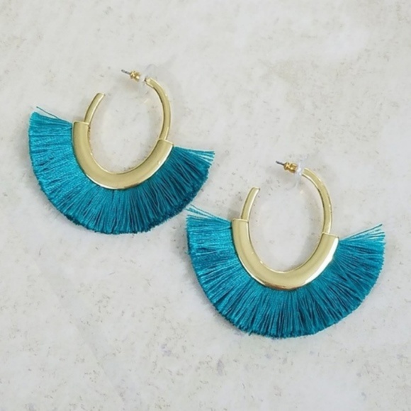 Pink Linen Jewelry - Fan Tassels Statement Earrings Teal / Golden Hoops